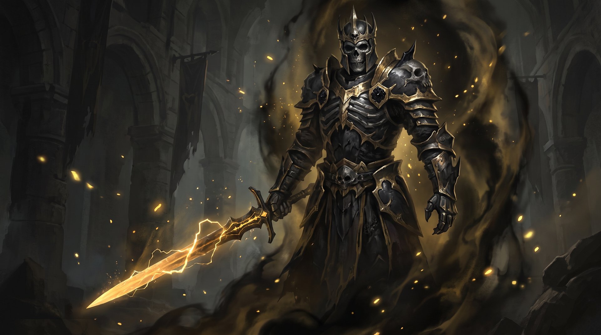 Wraith King in Dota 2 -- undead skeleton king wielding golden sword on dark battlefield