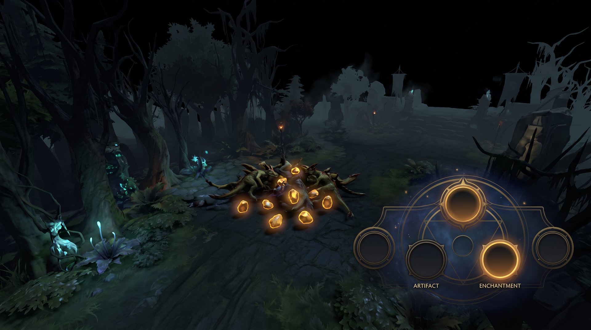 Dota 2 neutral item crafting system showing Madstone currency and artifact enchantment selection