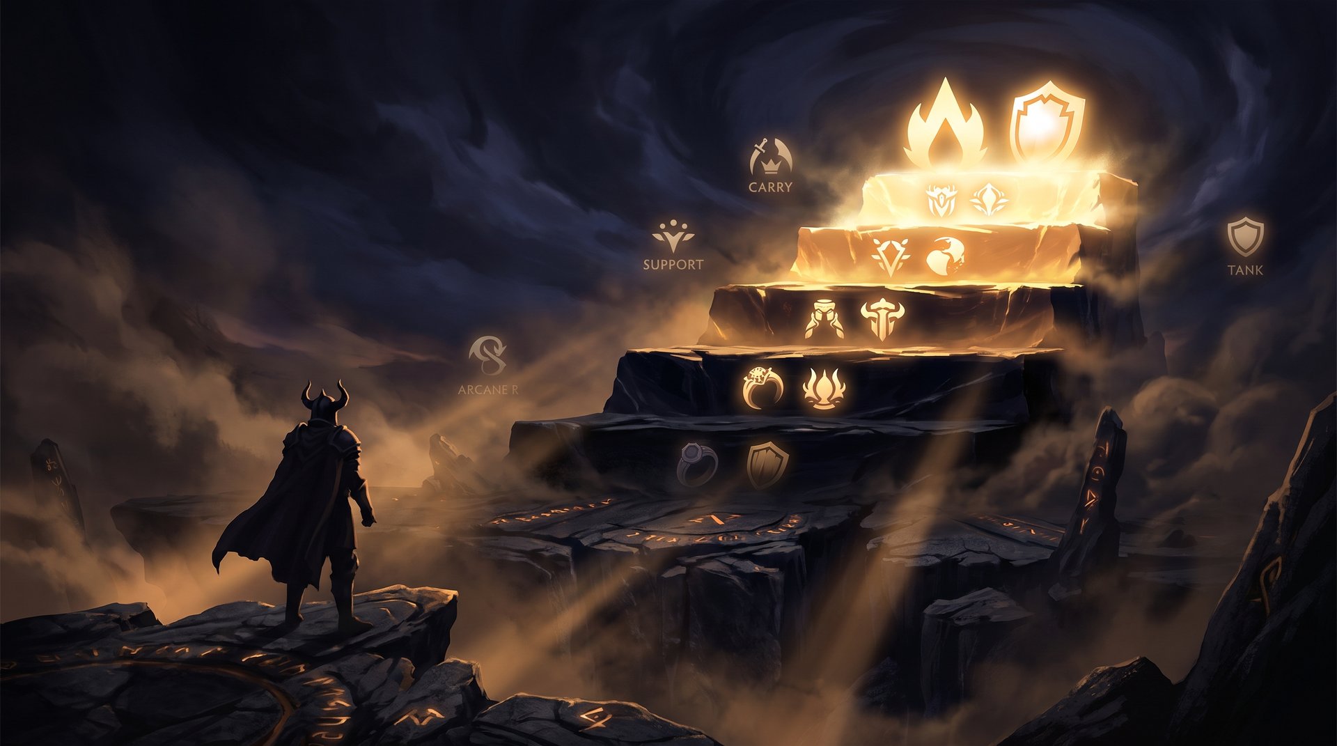 Dota 2 five-tier neutral item progression showing power increase from early to late game on dark gaming background