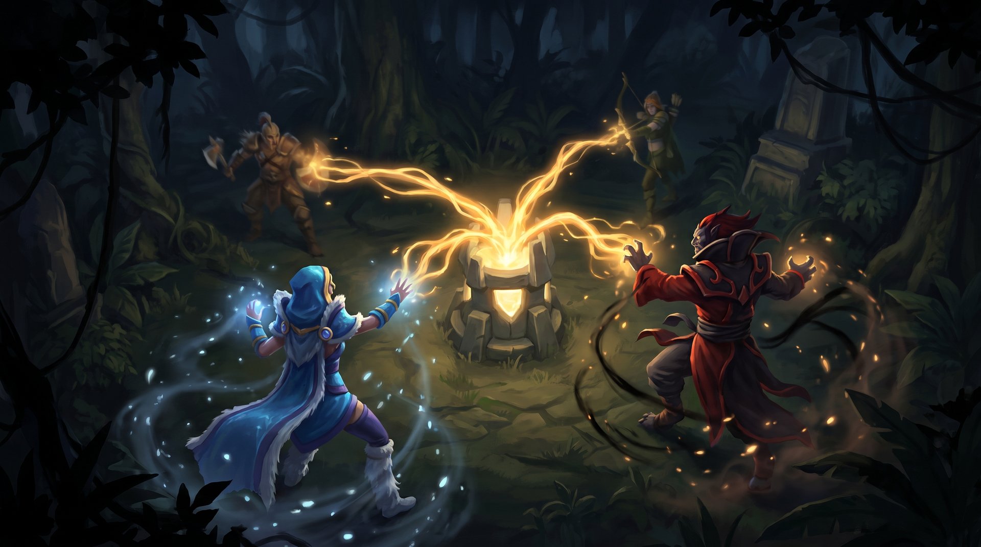 Two Dota 2 heroes fighting over a Wisdom Shrine with golden XP energy splitting between teammates