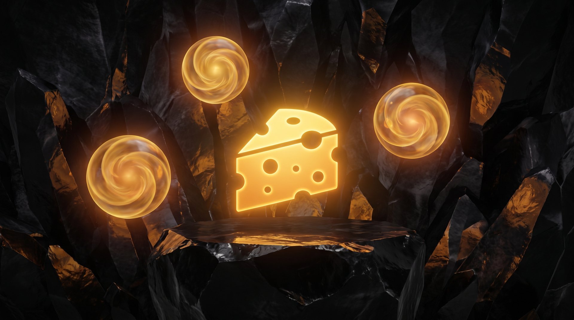 Block of Cheese Dota 2 item concept -- dark background with glowing gold orb representing the combined greater lotus and cheese, Dota 2 aesthetic