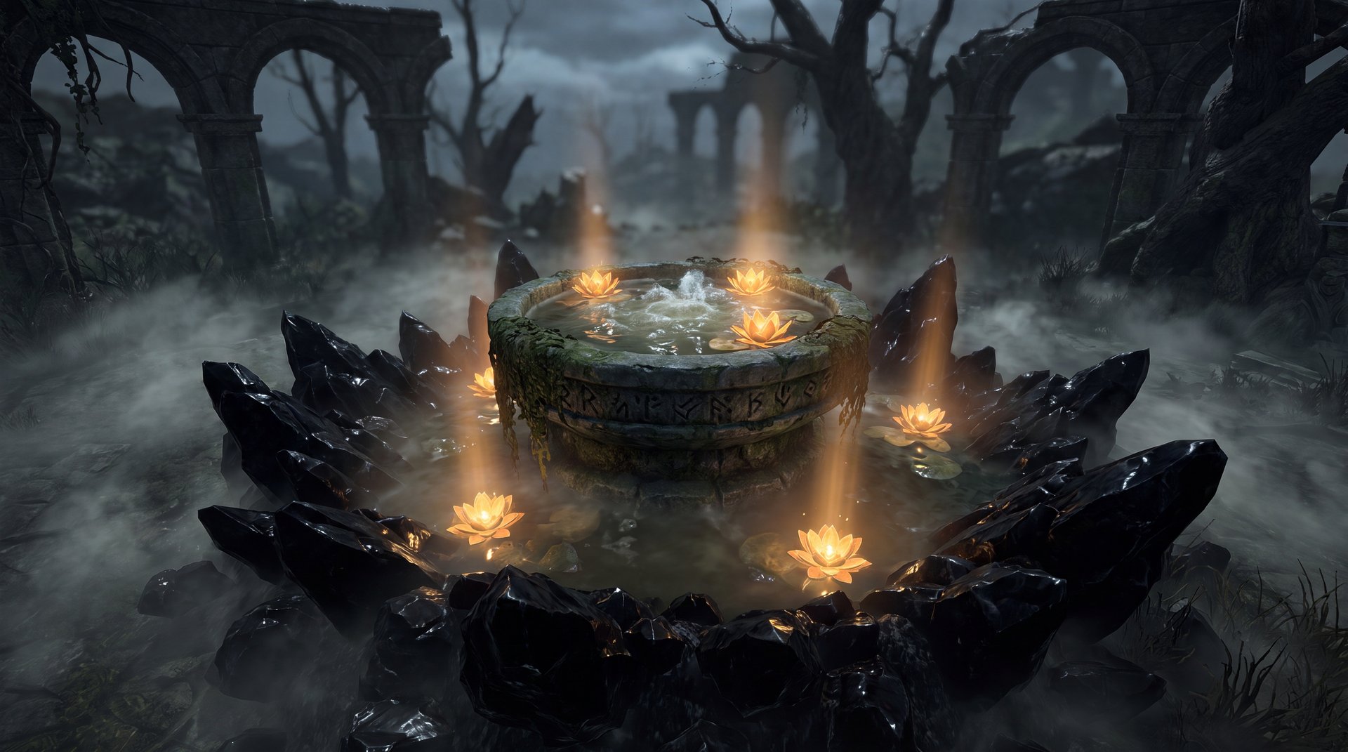 Dota 2 Lotus Pool location on side lane -- dark gaming scene with gold glowing pool surrounded by ancient stonework