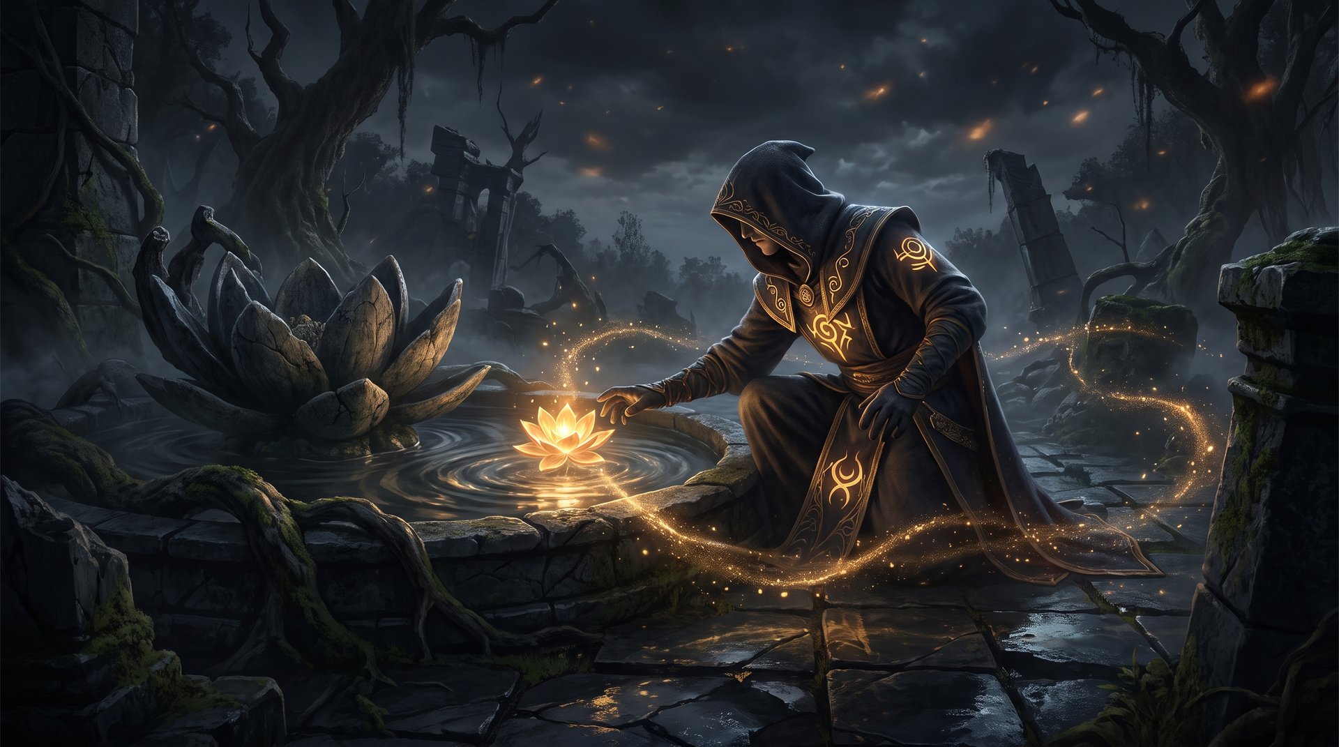 Dota 2 support hero farming the Lotus Pool with gold accent glow at the pool center, dark cinematic Dota 2 atmosphere
