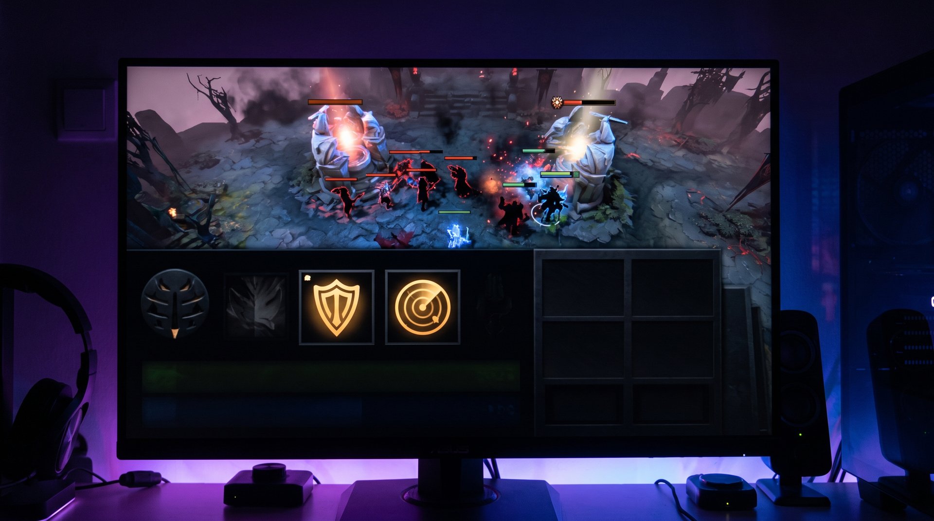 Dota 2 glyph and scan command icons on dark HUD panel close game micro-advantage