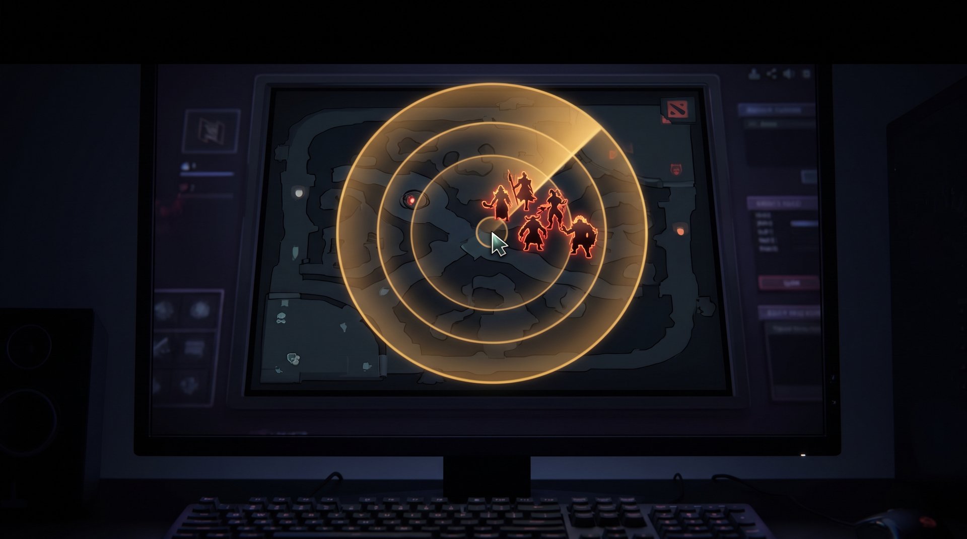 Dota 2 Scan ability golden radar pulse revealing enemy positions on map