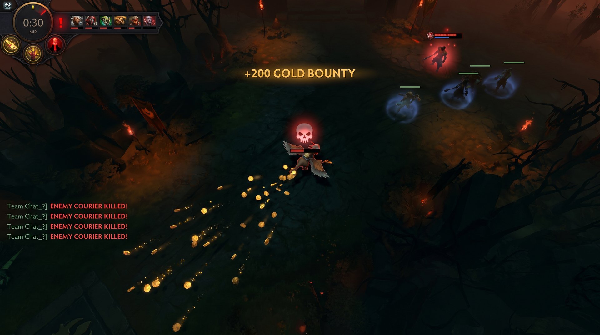Dota 2 courier killed by enemy hero, gold bounty dropping on the map
