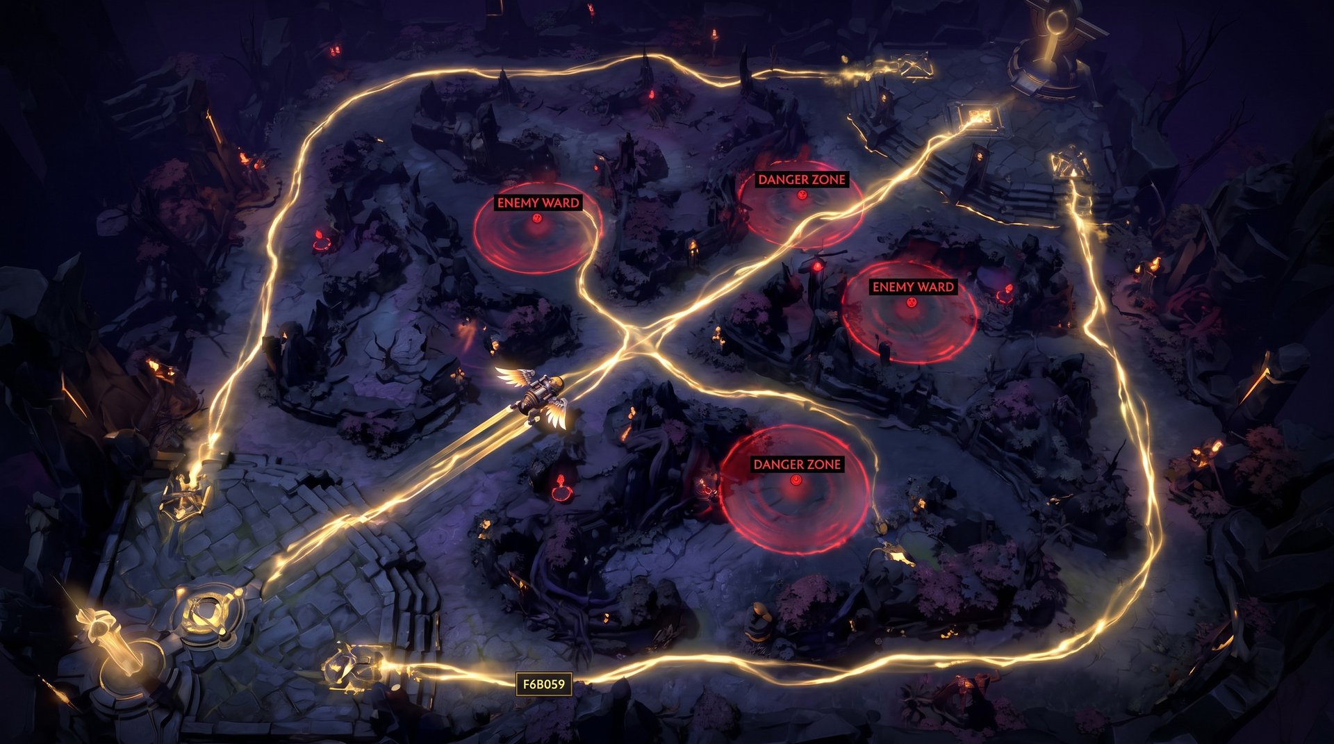 Dota 2 courier optimal routing strategy map view with safe path highlighted
