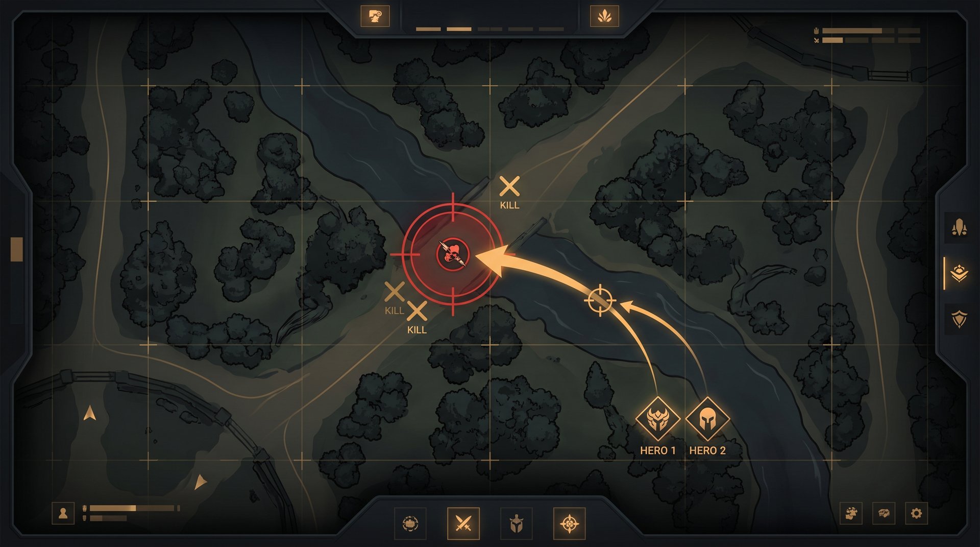 Two-man lane gank positioning and setup in Dota 2 showing coordinated kill attempt