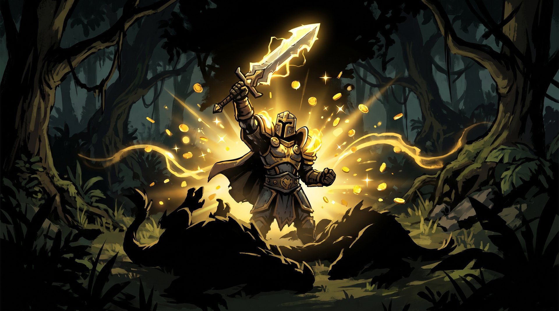 Dota 2 carry hero triumphantly clearing stacked jungle camp with gold explosion