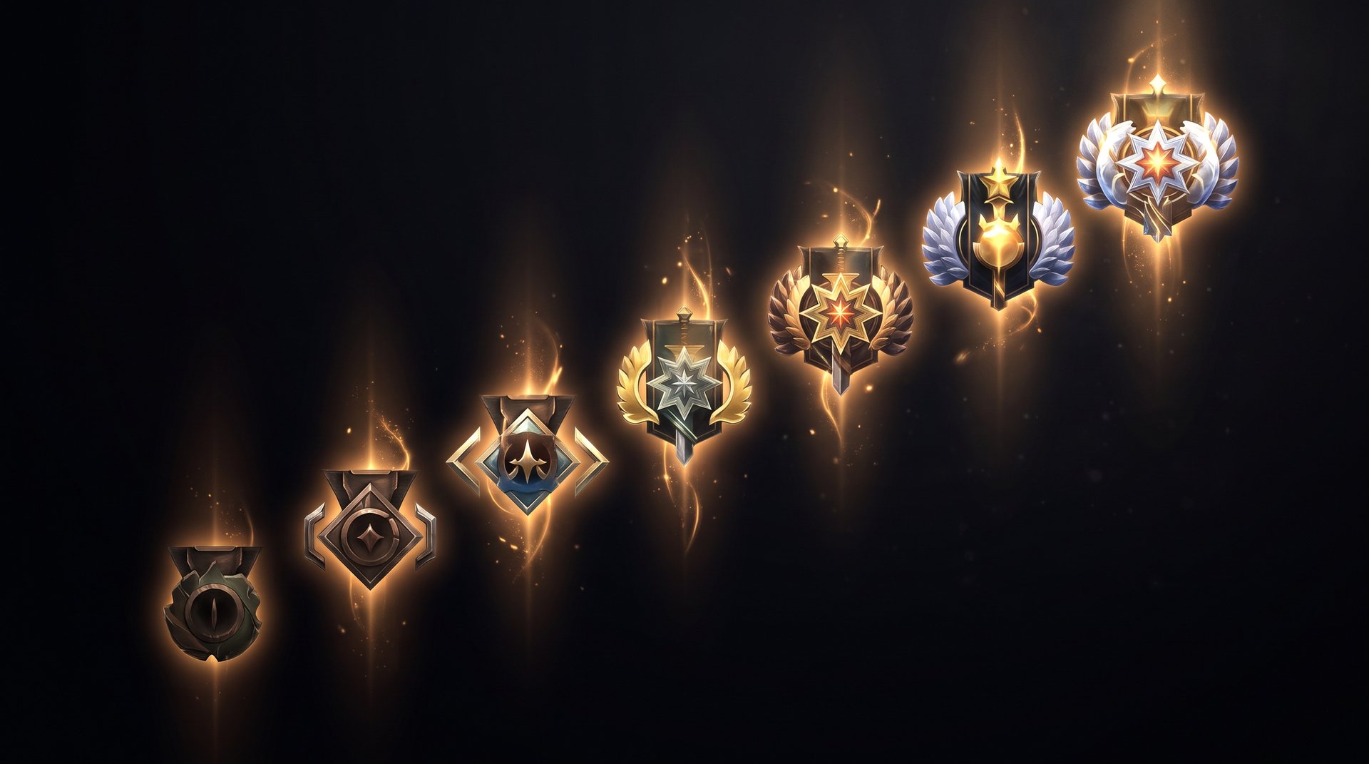 Dota 2 rank medals from Archon to Ancient displayed in ascending order on dark background with gold lighting