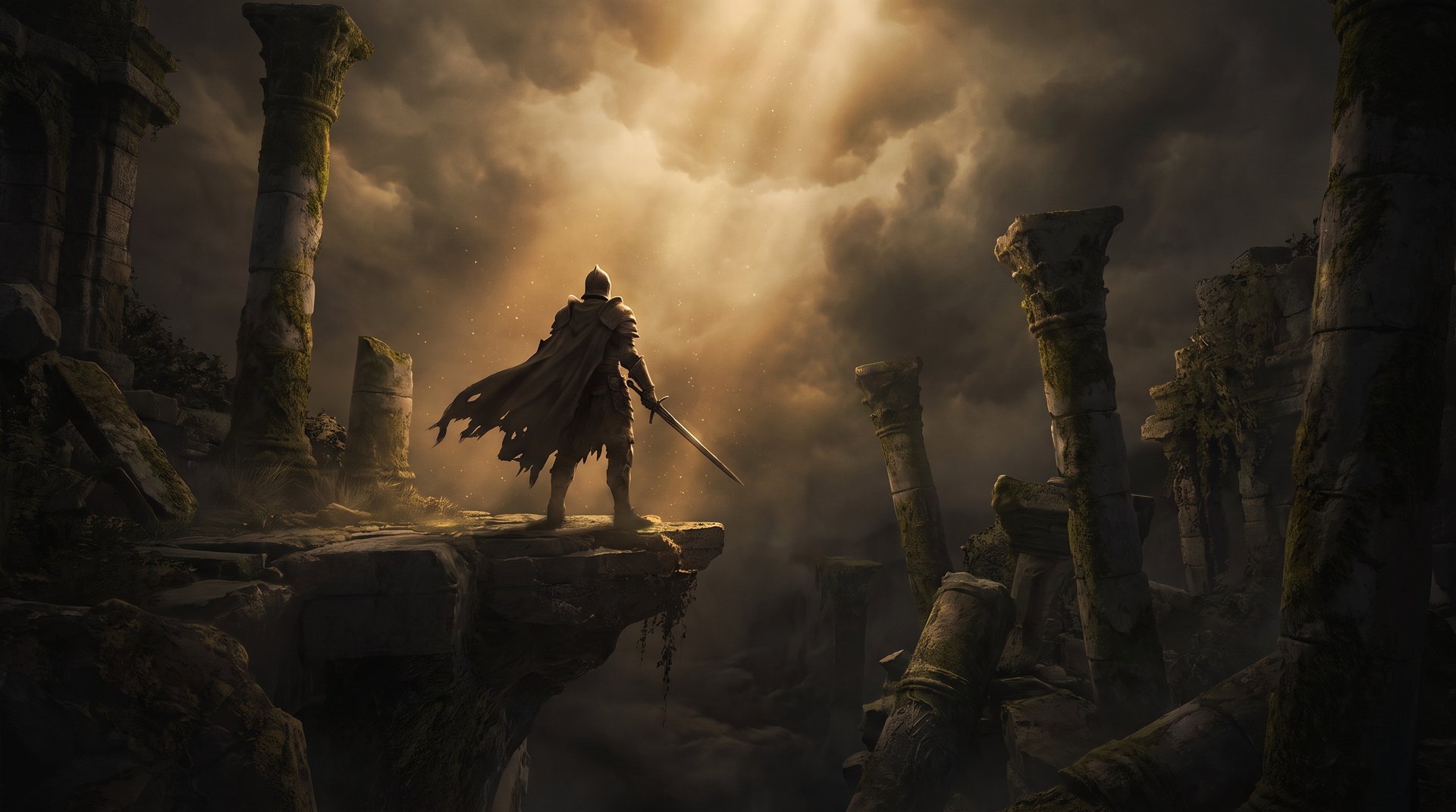 A lone Dota 2 warrior stands at the edge of a dark chasm with golden light above, representing the Ancient bracket wall