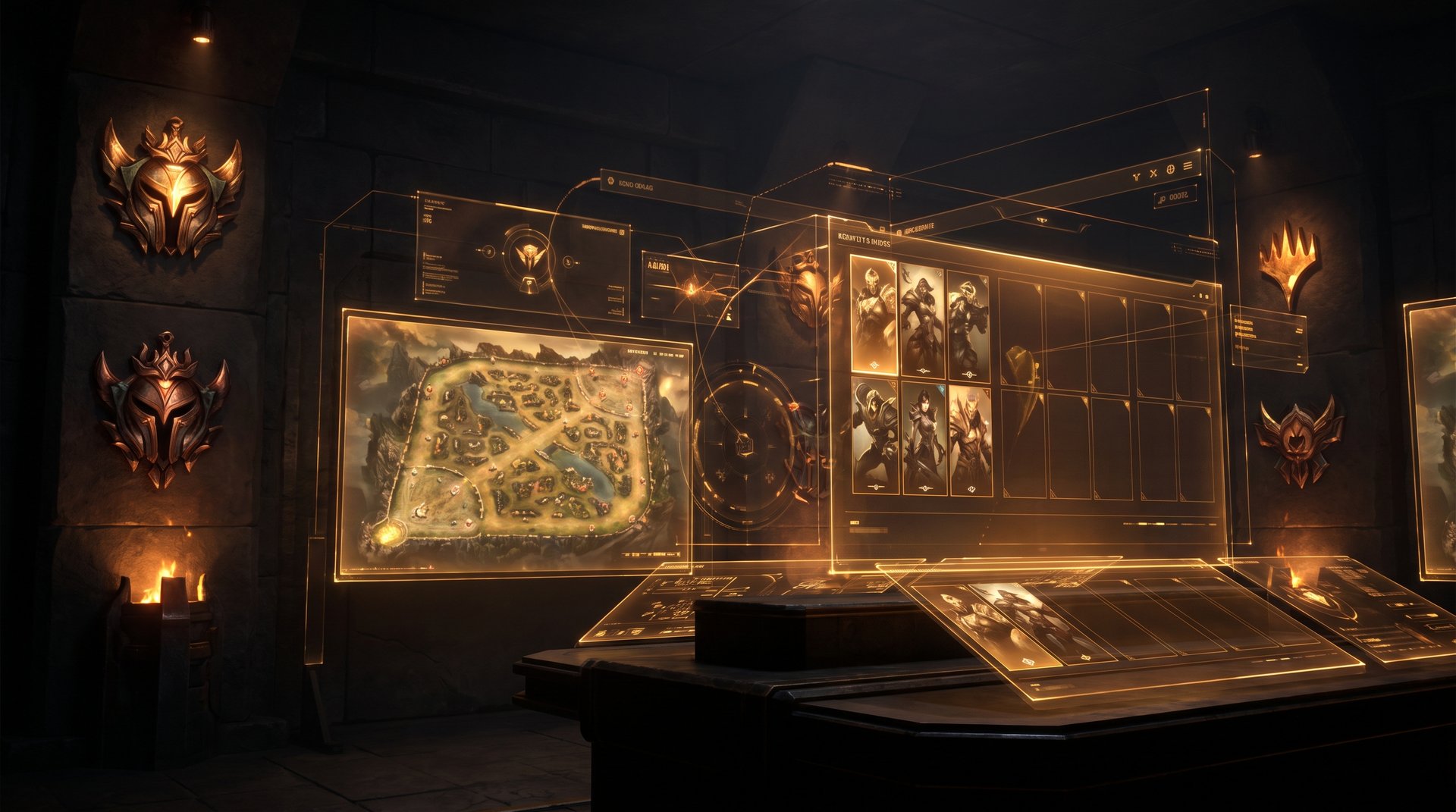 Dark Dota 2 tactical war room with glowing gold strategy displays representing the complex decision-making in Ancient bracket