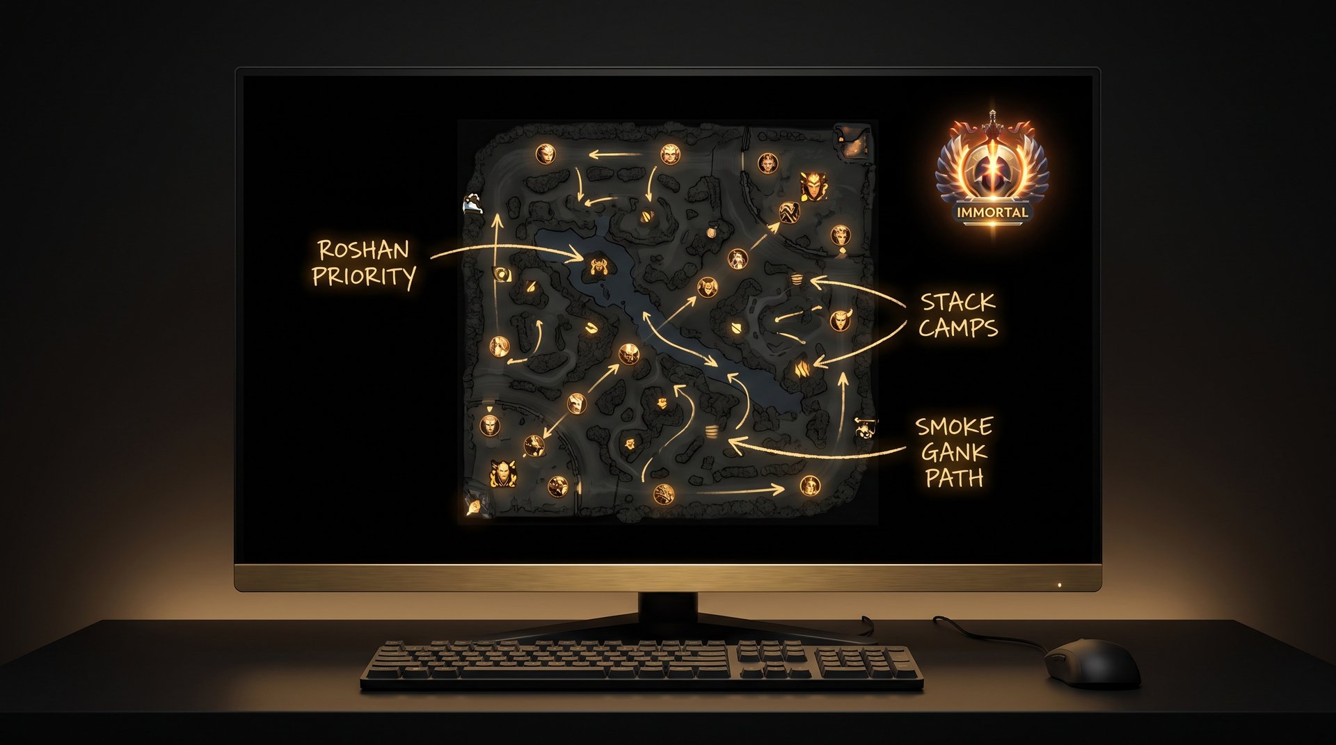 Dota 2 minimap analysis coaching -- gold hero paths on dark map showing positioning mistakes