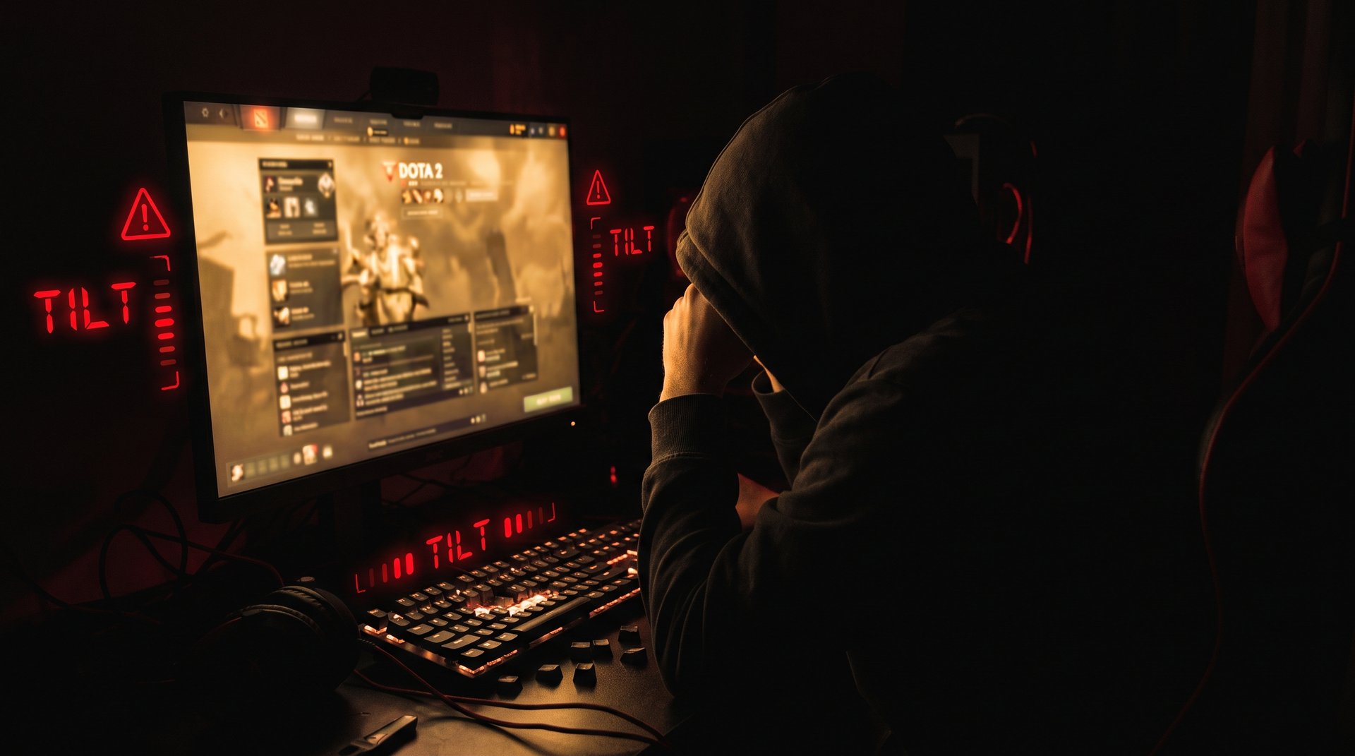 Frustrated Dota 2 player at dark gaming desk with tilt indicators -- mental game problems a boost cannot solve
