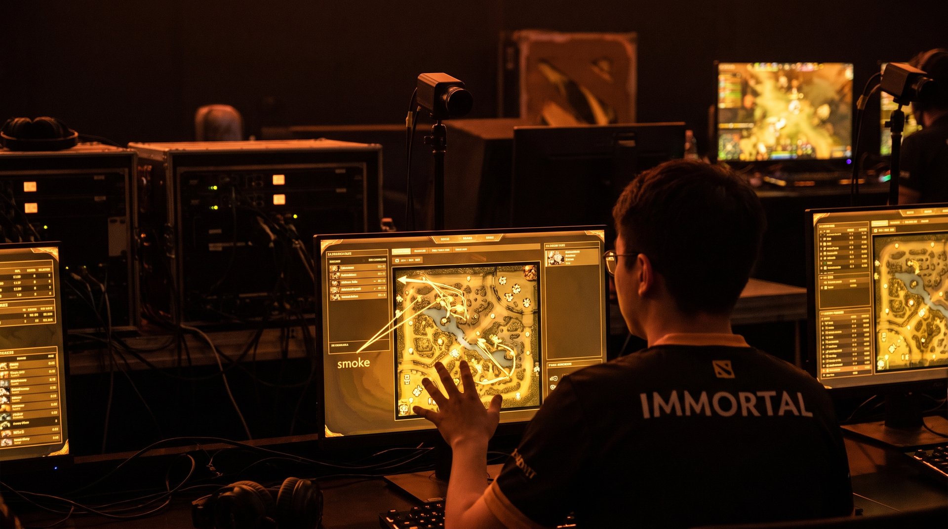 Dota 2 duo boost coordination -- booster reviewing minimap positioning alongside client during early laning phase