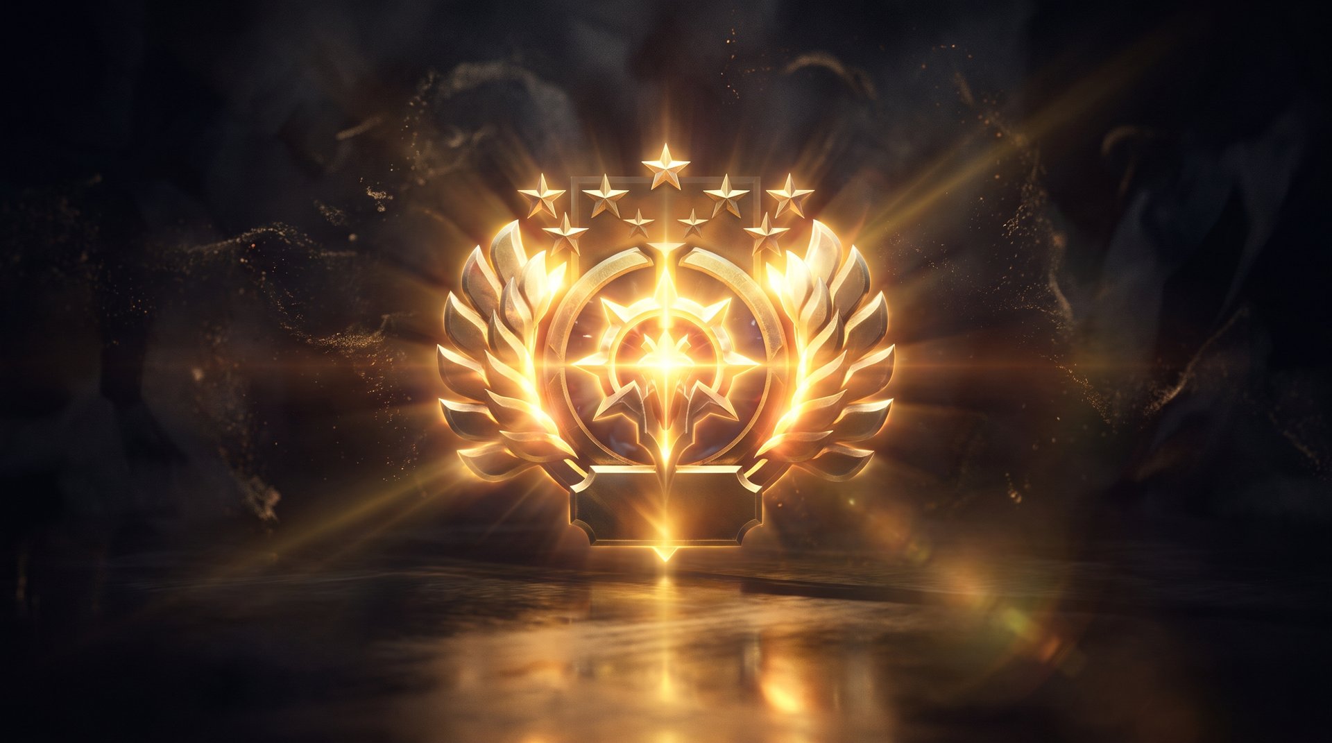 Dota 2 rank achievement display, golden medal glowing on dark background, end-of-week MMR milestone