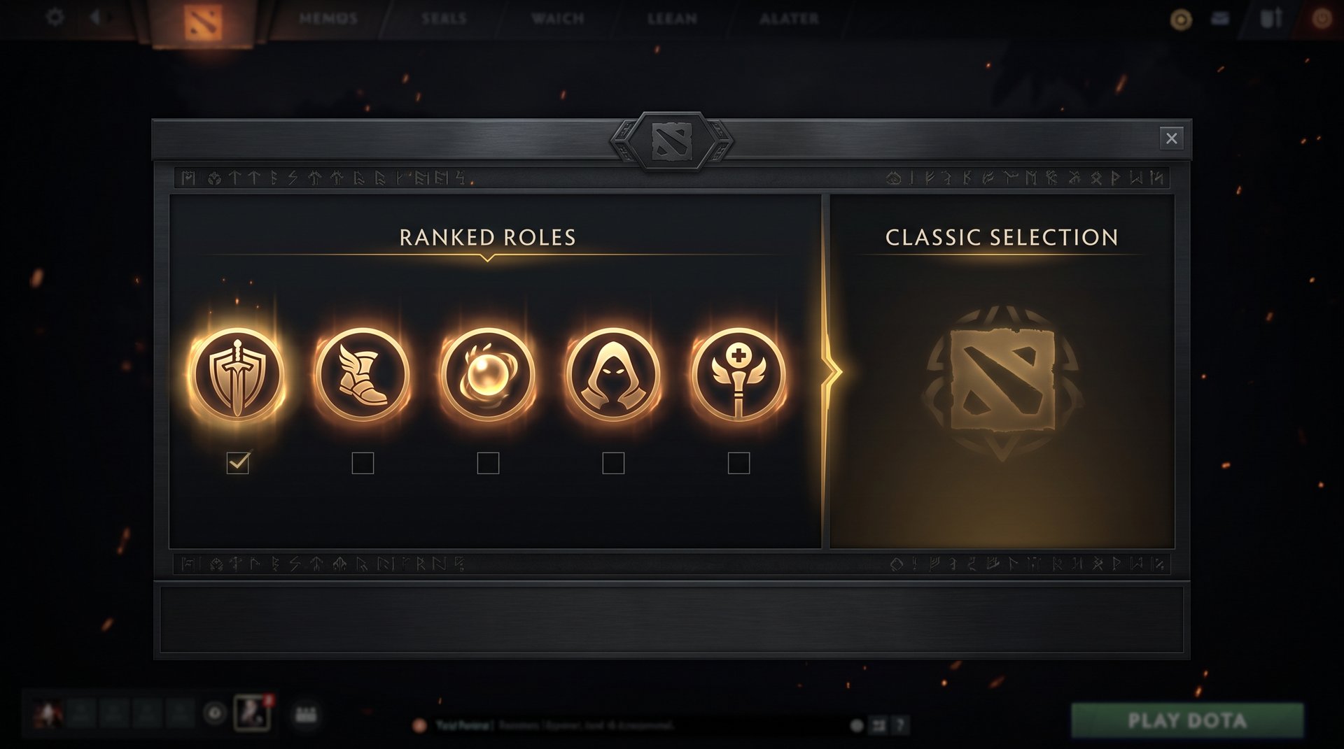 Ranked Roles queue interface in Dota 2 showing role selection screen