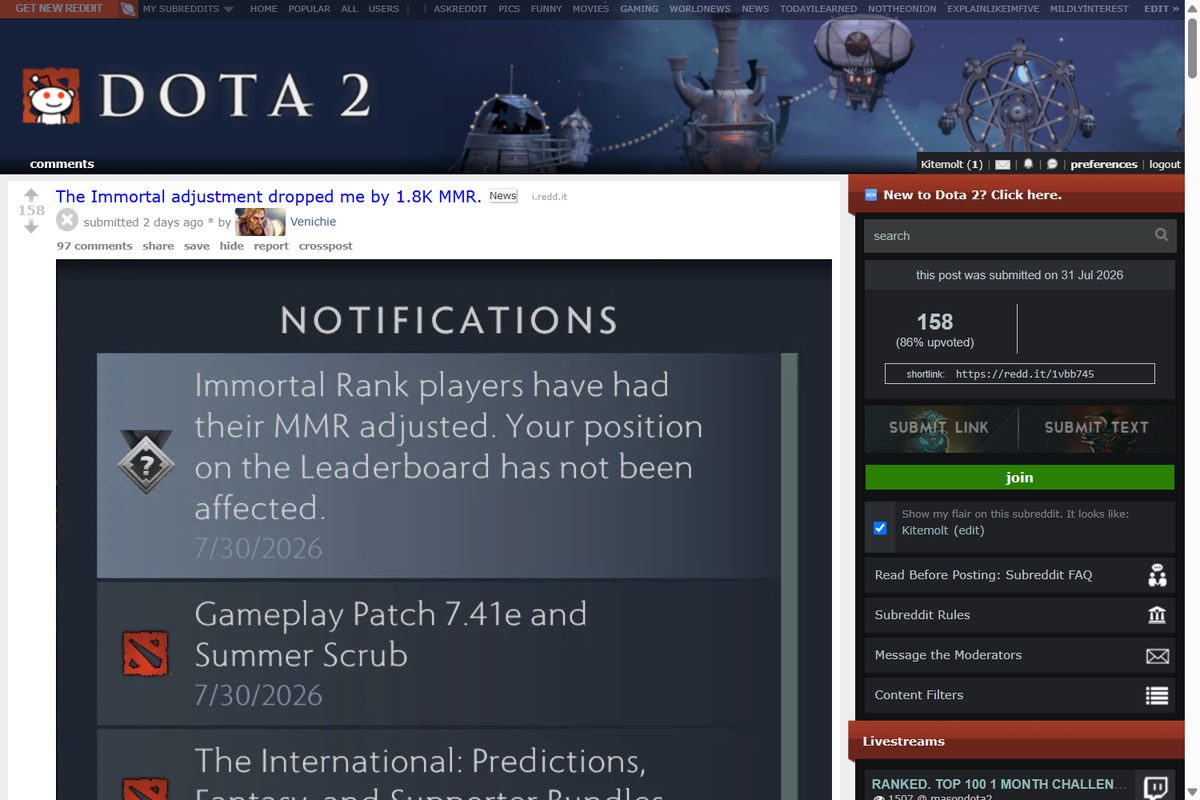 Reddit r/DotA2 - The Immortal adjustment dropped me by 1.8K MMR - player reaction to 7.41e Summer Scrub MMR squish