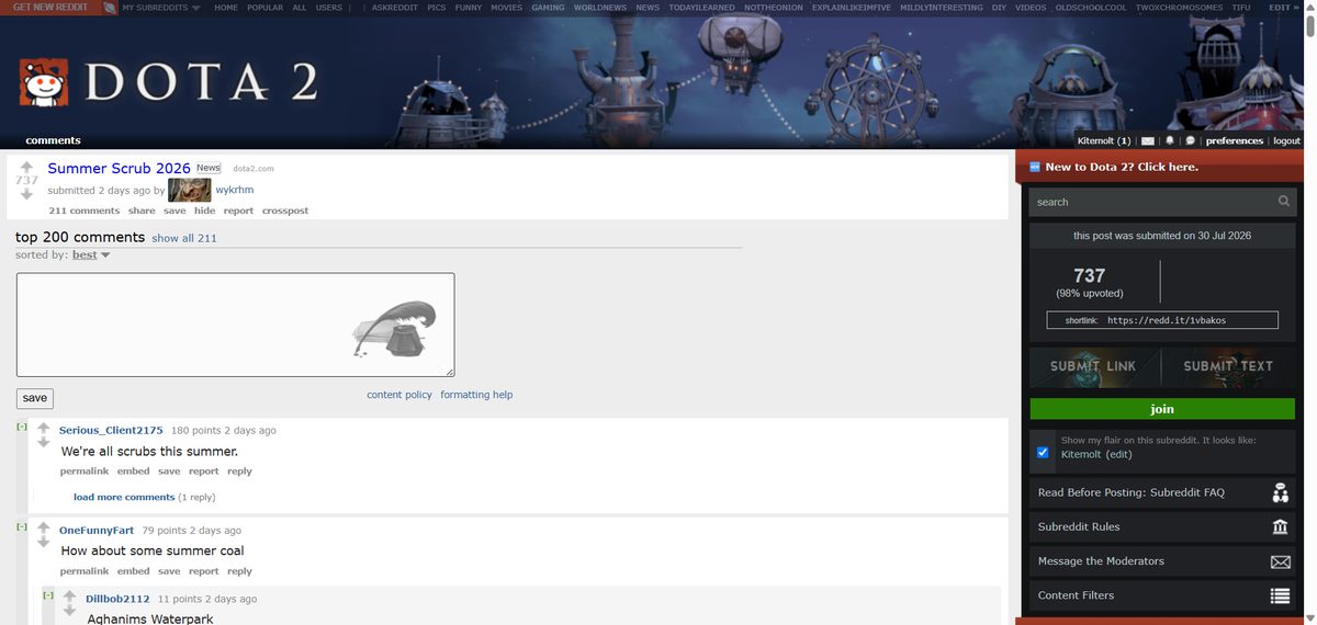 Reddit r/DotA2 - Summer Scrub 2026 announcement thread showing 737 upvotes and community reactions