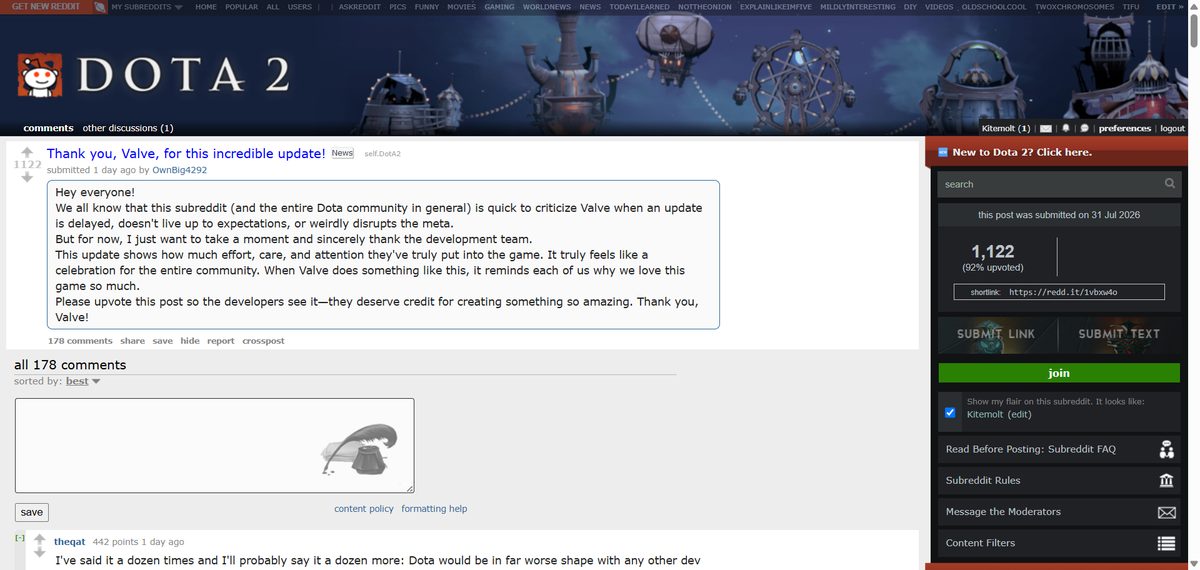 Reddit r/DotA2 - Thank you Valve for this incredible update - 1122 upvote community reaction to Summer Scrub 2026