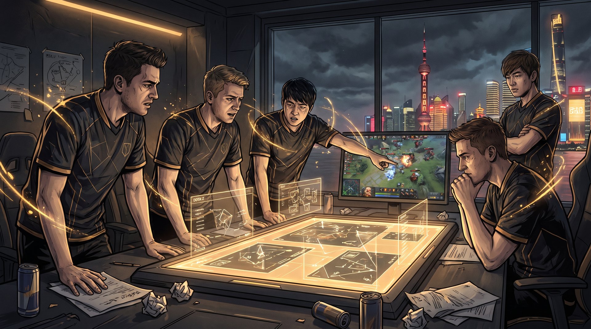 Falcons style team under late tournament pressure reviewing a chaotic Dota 2 fight