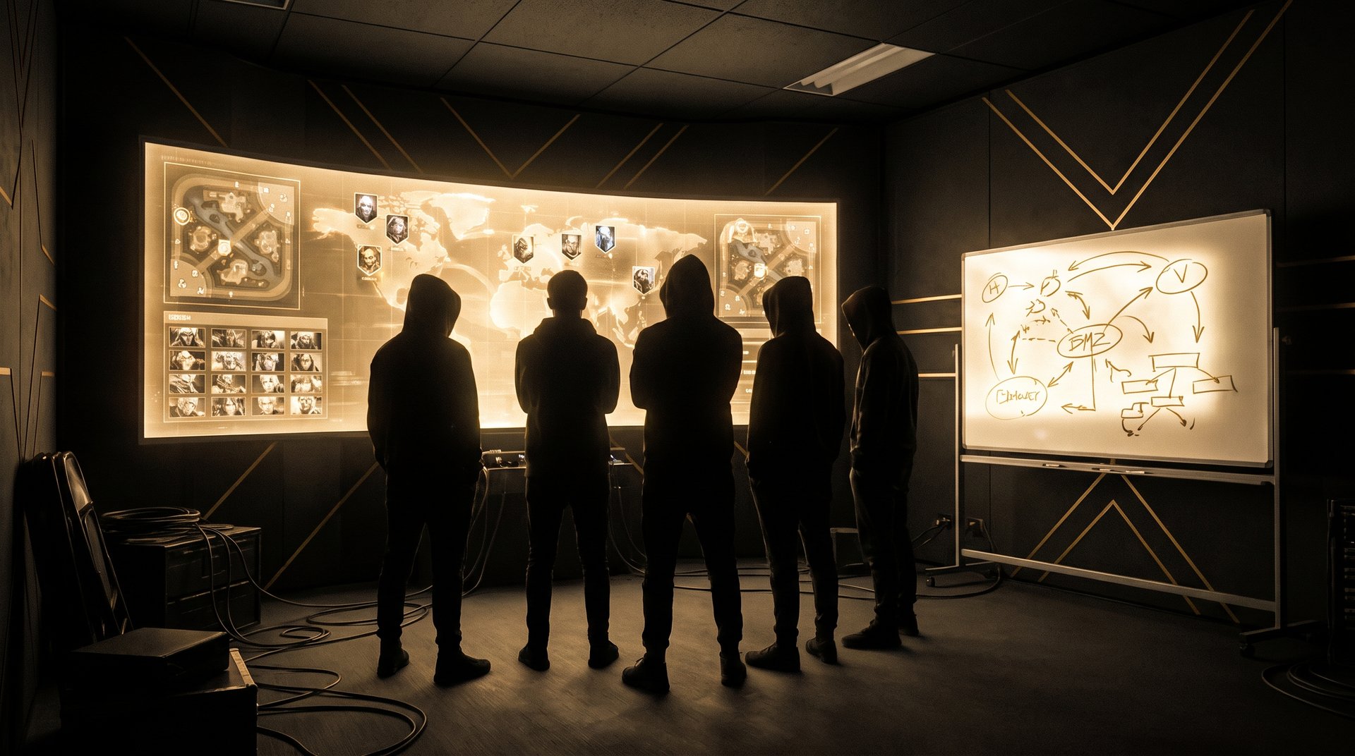 Team Falcons strategy war room before TI 2026 with draft notes and gold lighting