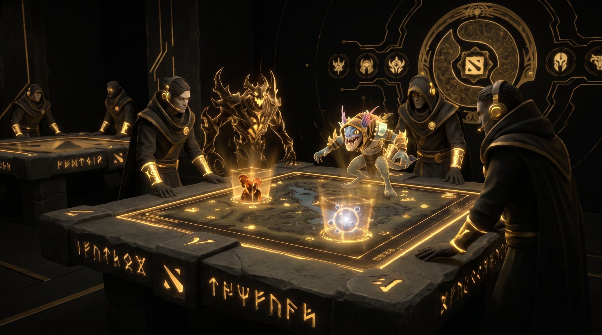 Draft board style illustration showing Shadow Fiend and Slark punishing Ember Spirit
