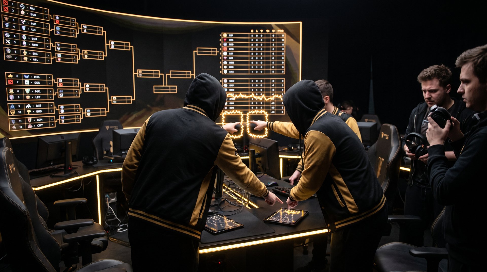 Dota 2 coaches studying danger-zone teams on a glowing standings board