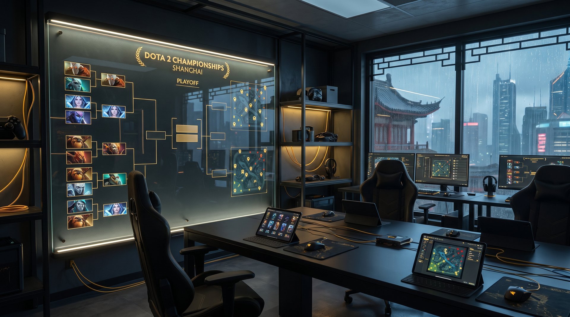 Dota 2 playoff bracket strategy board, hero portraits, ward maps, Shanghai playoff prep room, gold and black style, no text