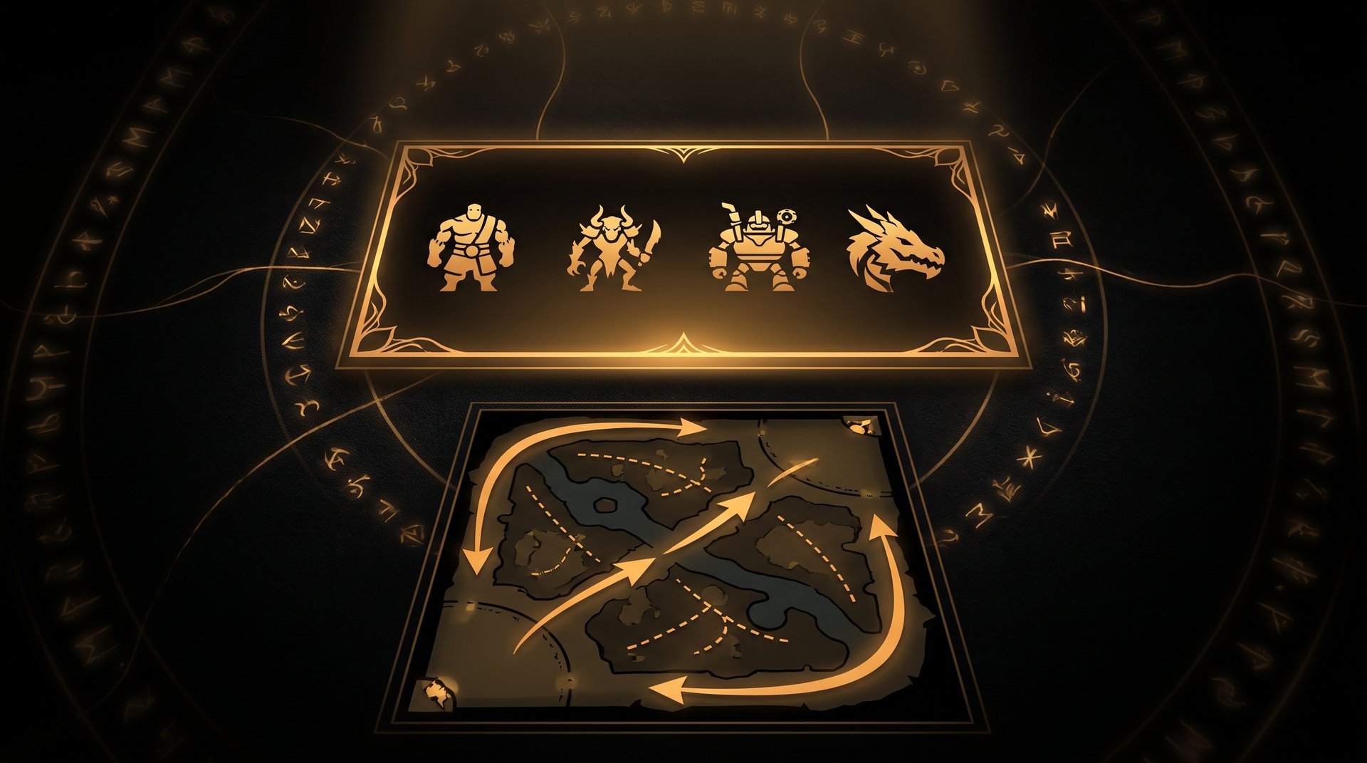 Earth Spirit, Clinkz, Timbersaw, and Winter Wyvern draft board with ward paths and lane arrows, dark gold Dota 2 strategy art, no text