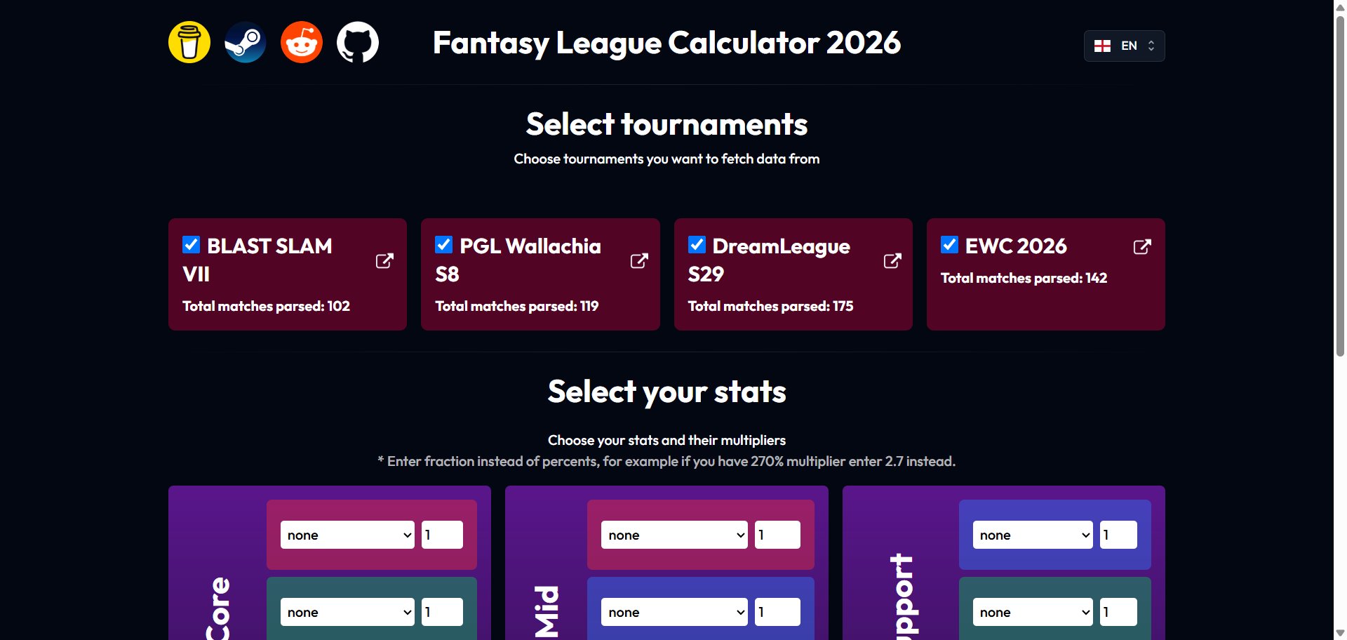 Fantasy League 2026 Calculator by bydoodle showing tournament selection and stat dropdowns