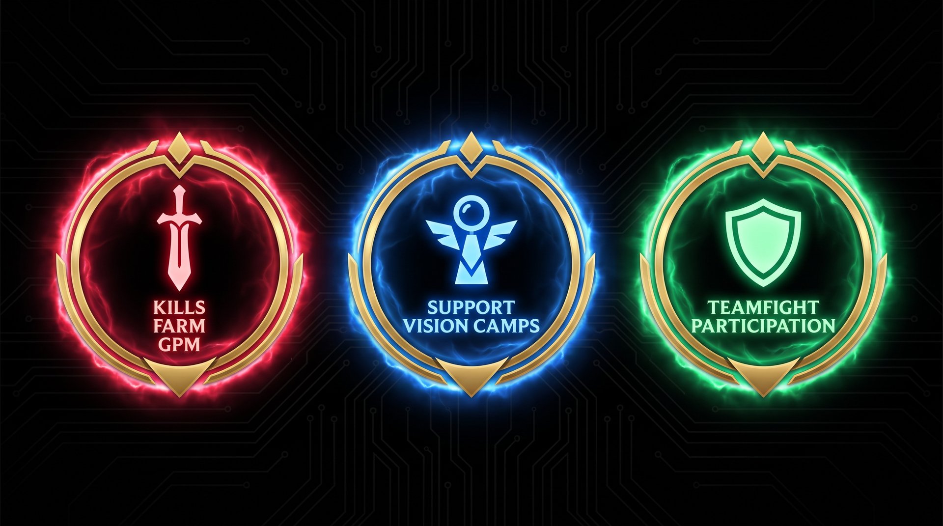 TI 2026 Fantasy League emblem types red blue green with stat icons