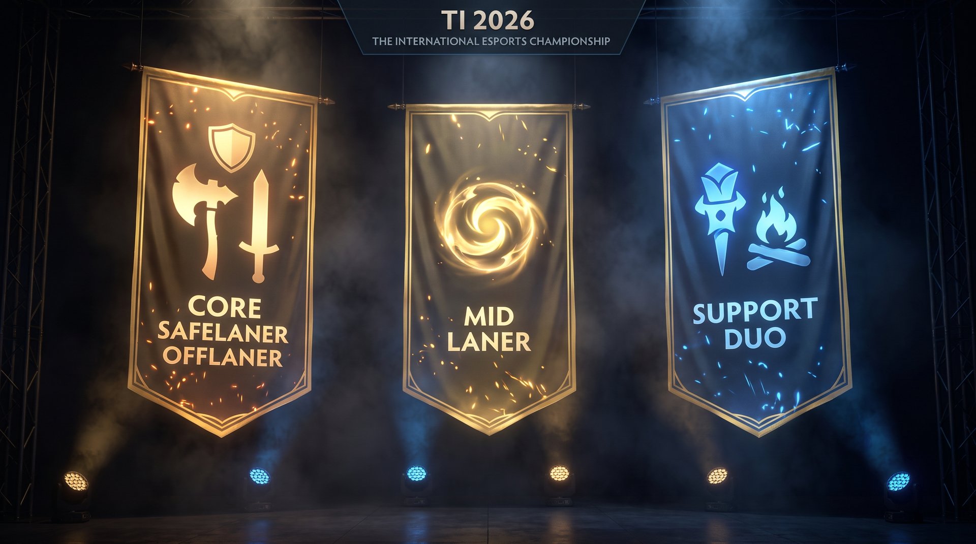 TI 2026 Fantasy League role banners Core Mid Support with emblems