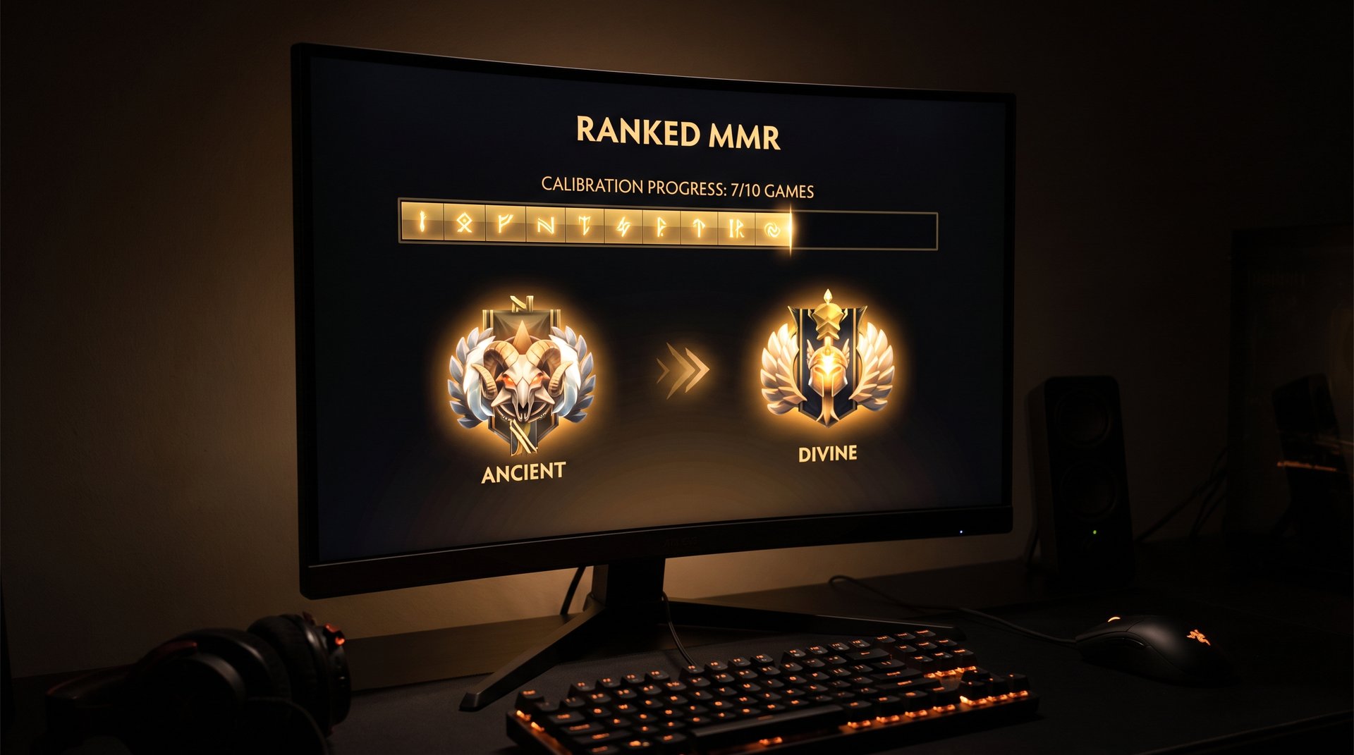Dota 2 ranked season history timeline showing medal evolution from 2017 to 2026 on dark gaming background with gold accents