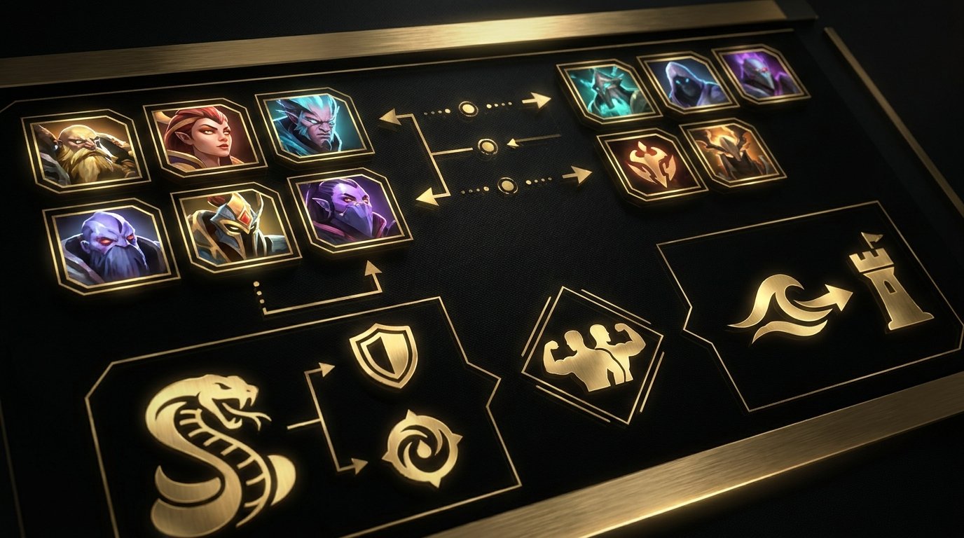 Tactical Dota 2 draft board showing Viper counter logic, Liquid lane pressure, and support flex picks -- TI 2026 analysis