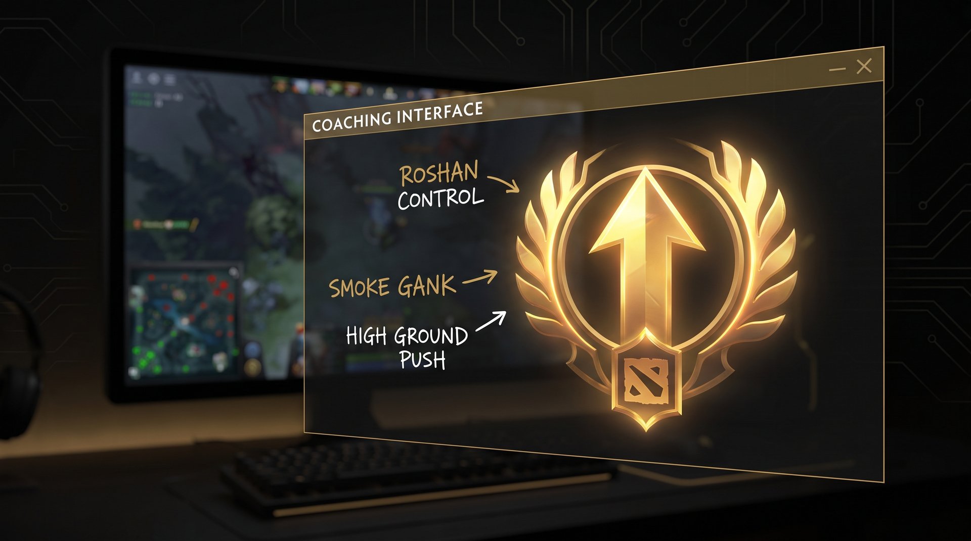 Dota 2 ranked medal glowing gold with coaching session overlay for bundle strategy