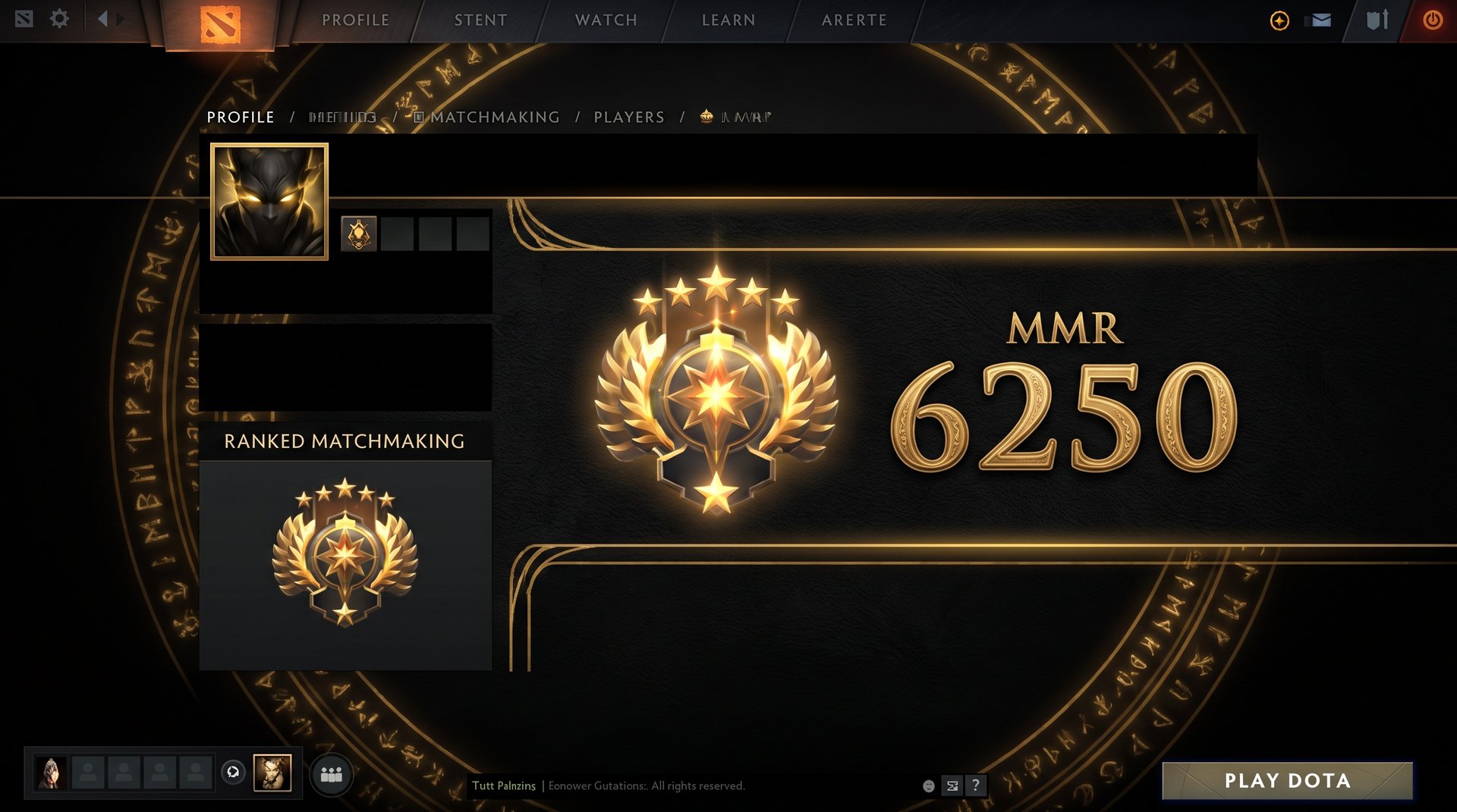 Dota 2 client profile showing MMR rank in the ranked tab 2026