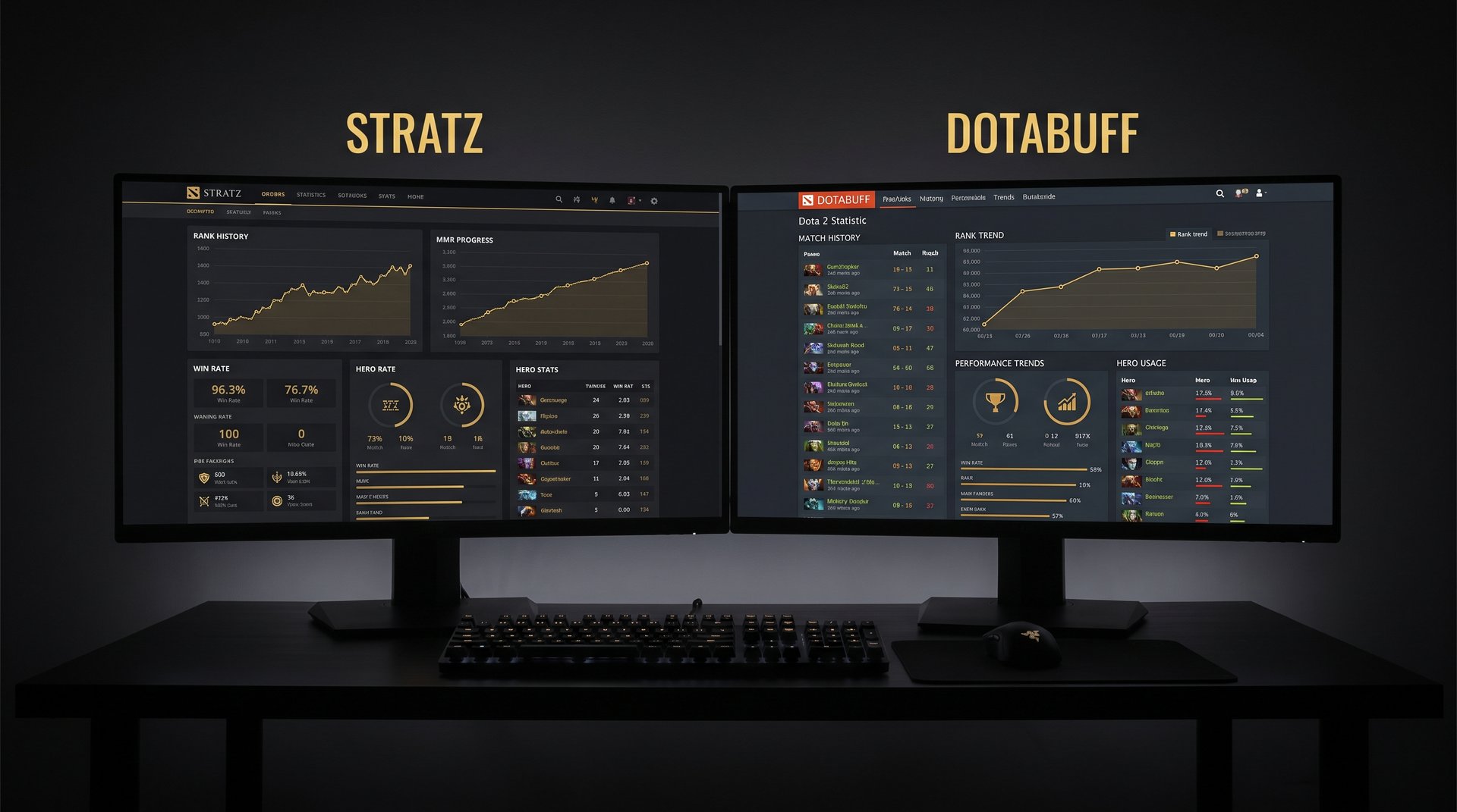 Stratz and Dotabuff MMR tracker comparison panels for Dota 2 players