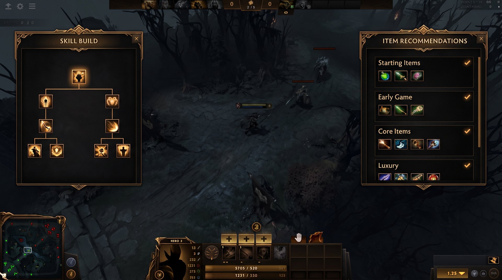 Dota Plus hero guide overlay showing in-game item suggestions and skill build recommendations