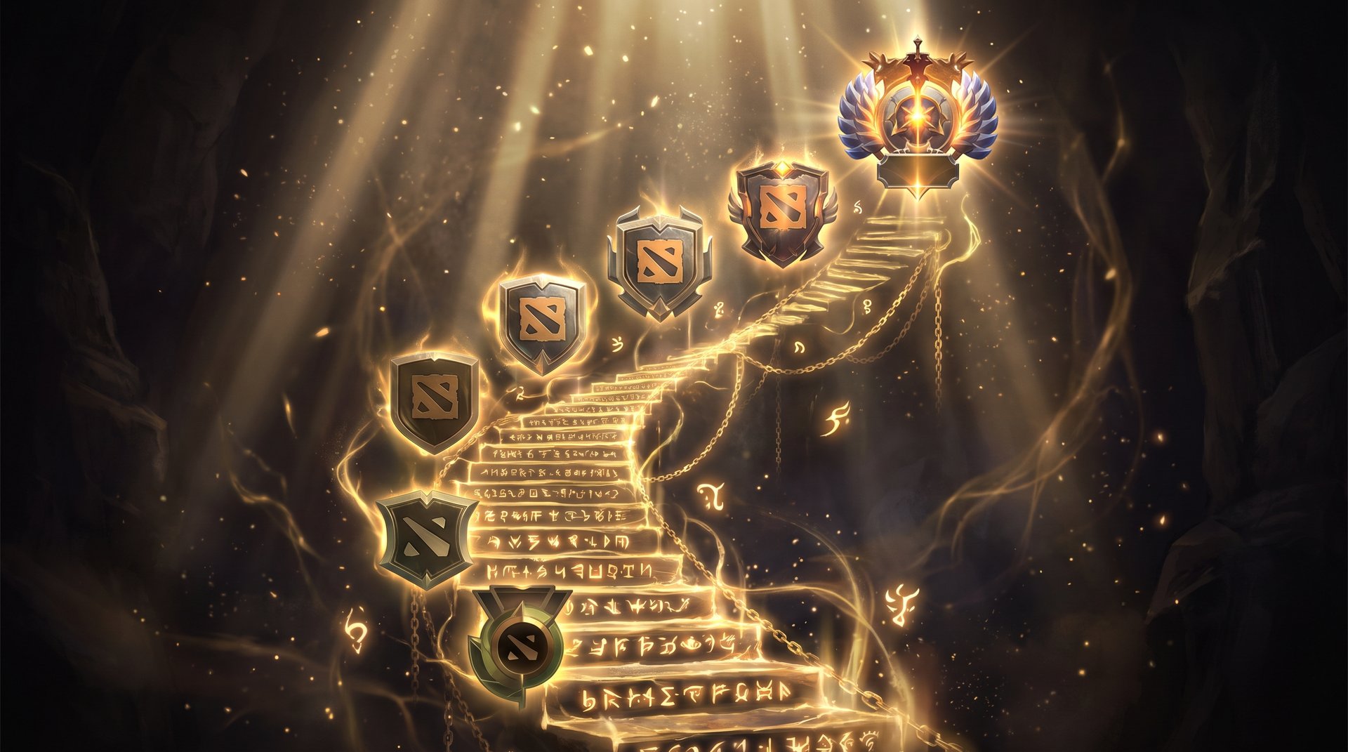 Dota 2 rank medals from Herald to Immortal showing MMR progression for climbing
