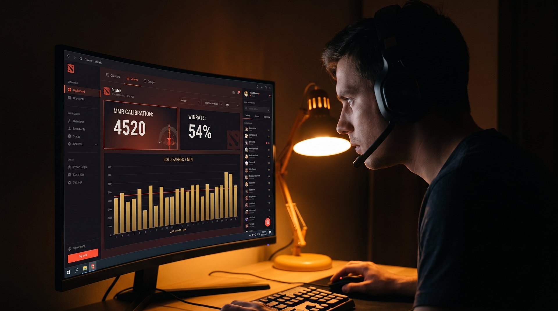 Dota 2 player reviewing MMR statistics and winrate data on dark gaming interface