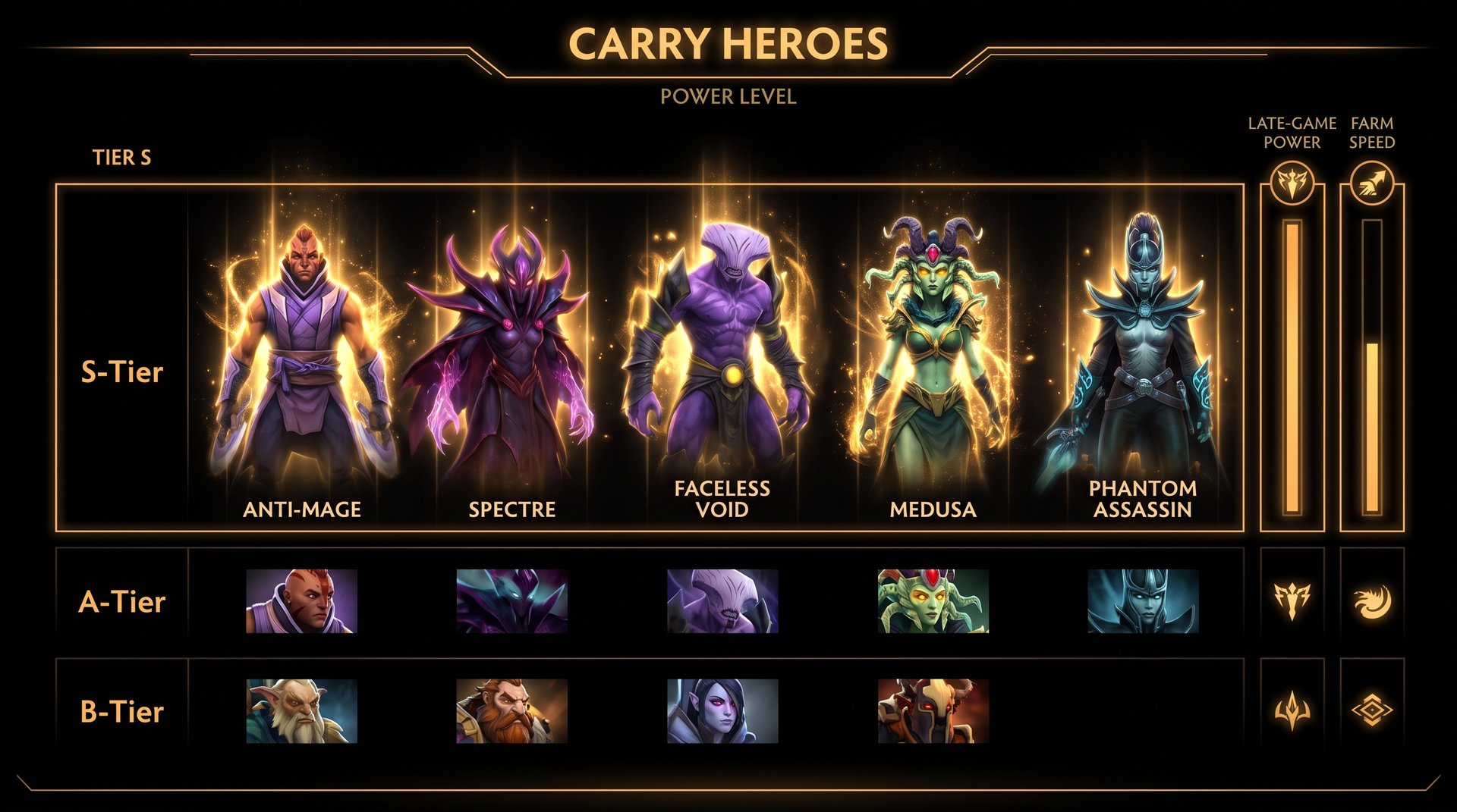 Dota 2 late-game carry heroes tier list 2026 -- Spectre Medusa Terrorblade Anti-Mage Phantom Lancer