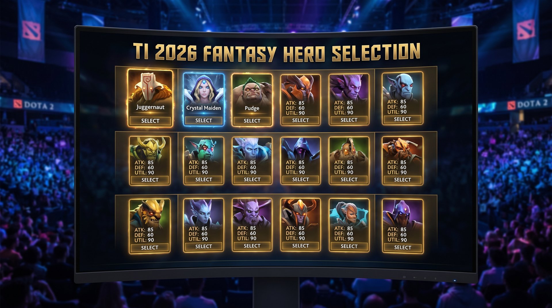 TI 2026 fantasy hero cards with stats for The International tournament