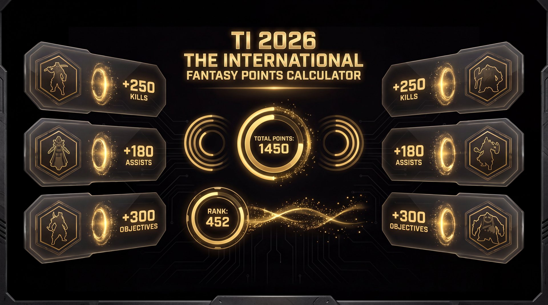 TI 2026 fantasy points calculator dashboard with gold scoring meters