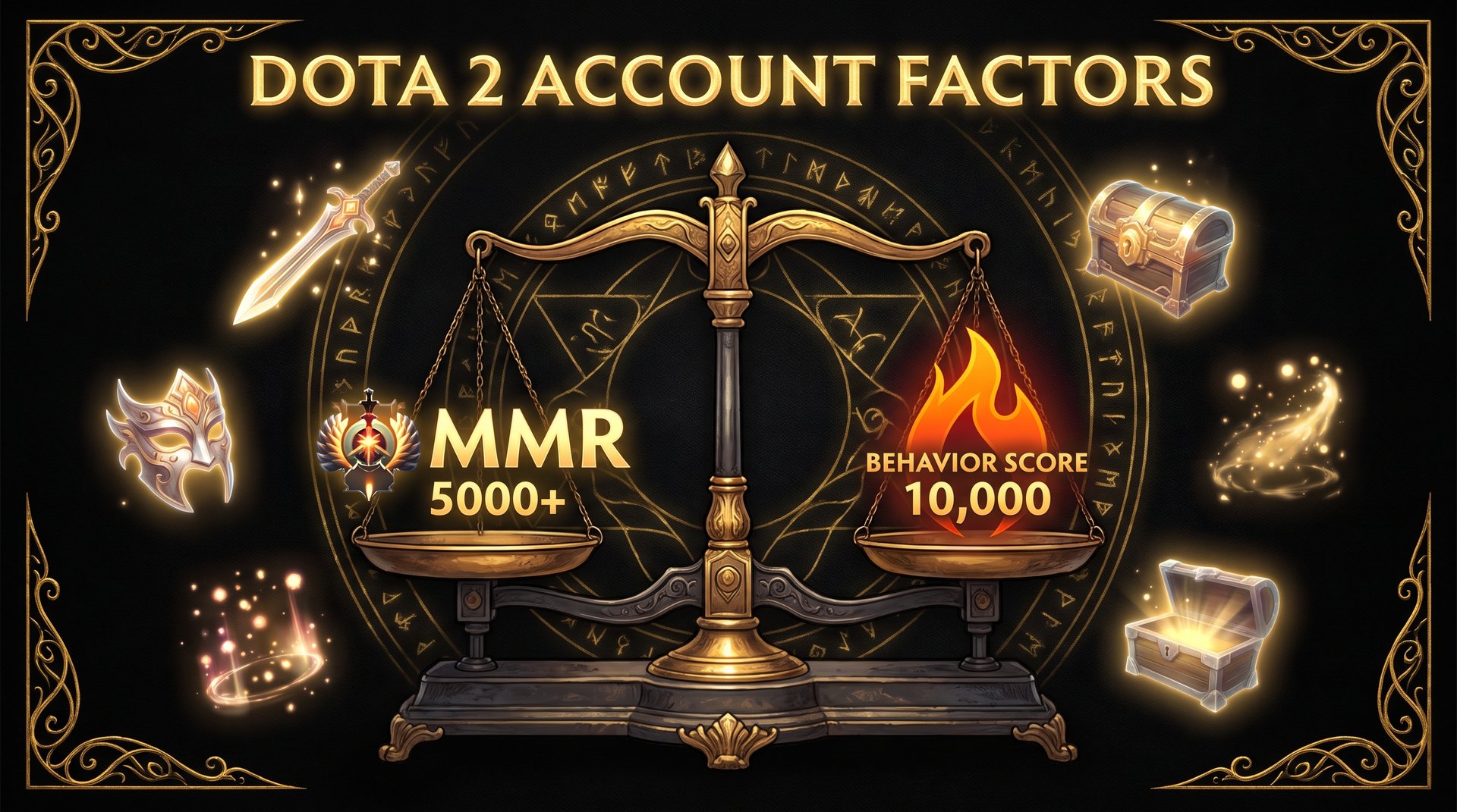 Dota 2 account value factors -- MMR, behavior score, cosmetics and account age on a balance scale