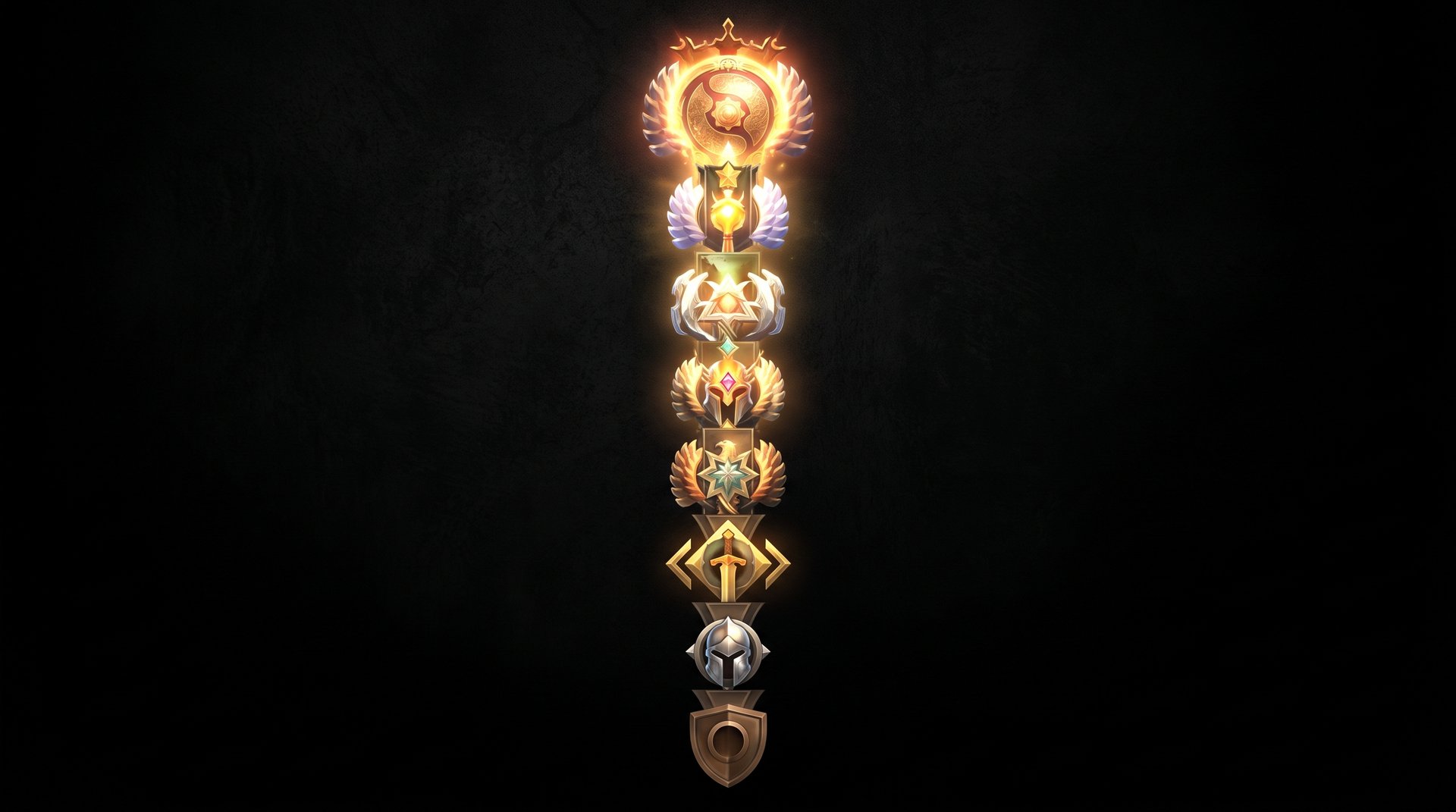 Dota 2 rank ladder from Herald to Immortal showing increasing account value at each bracket