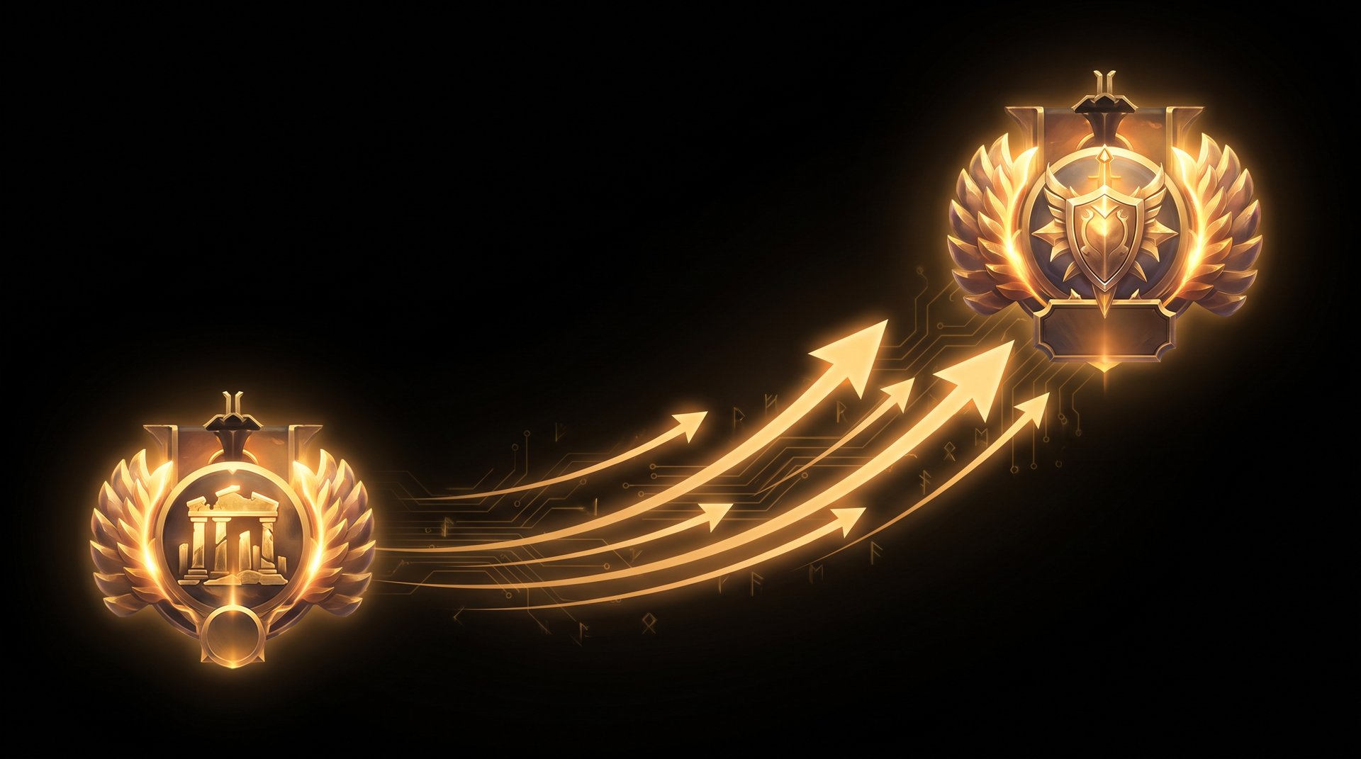Dota 2 MMR rank medals connected by golden upward arrows showing rank progression