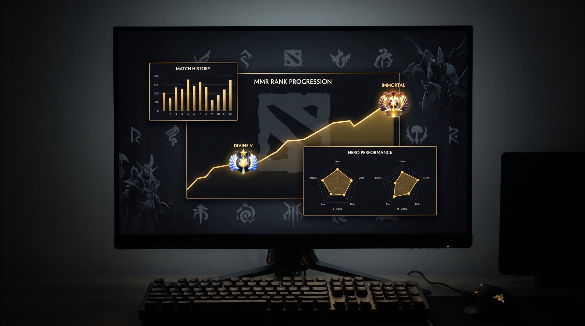 Dota 2 hero stats and match history displayed on a dark analytics dashboard