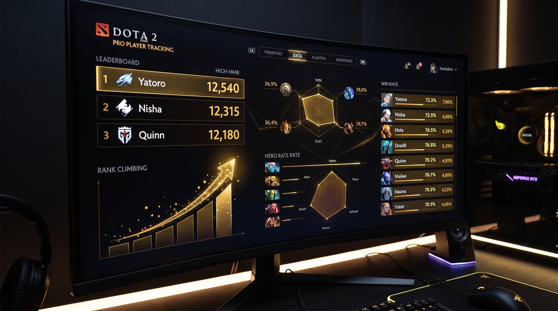Pro player Dota 2 tracker showing leaderboard rank and MMR climbing data