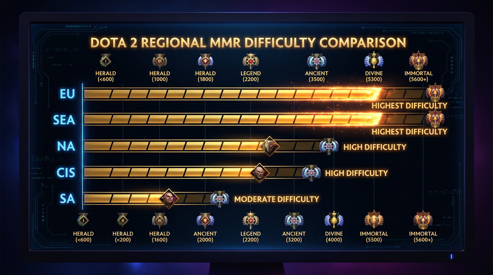 Dota 2 region difficulty comparison chart -- EU SEA NA CIS and SA server difficulty at equivalent MMR